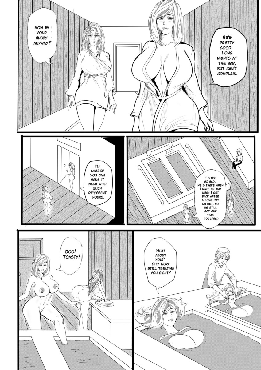 2girls annabelle_(jaw) breast_expansion breasts comic dialogue female female_only huge_breasts isabelle_(jaw) just-add-water99 monochrome original original_character yuri