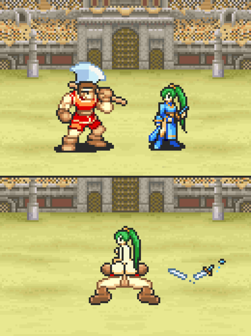 1boy 1girls 2koma alternate_ass_size animated arena ass backboob badatgarbage big_ass big_breasts big_dom_small_sub breasts broken_sword colosseum defeated defeated_heroine doggy_style female female_on_top fighter_(fire_emblem) fire_emblem fire_emblem:_the_blazing_blade gif green_hair highres in-game_background instant_loss_2koma large_ass lyn_(fire_emblem) male nintendo pixel_art sex sprite straight style_parody