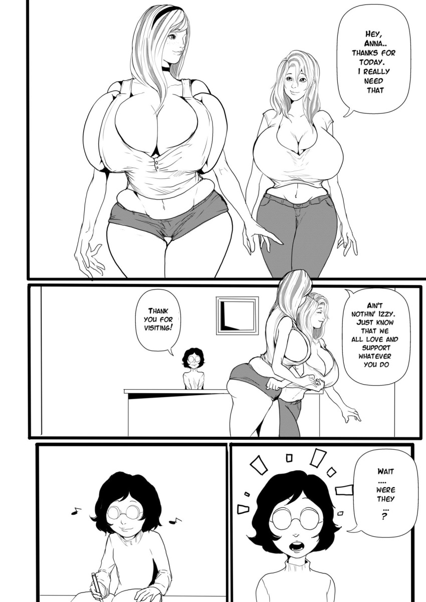 2girls annabelle_(jaw) breast_expansion breasts comic dialogue female female_only huge_breasts isabelle_(jaw) just-add-water99 monochrome original original_character