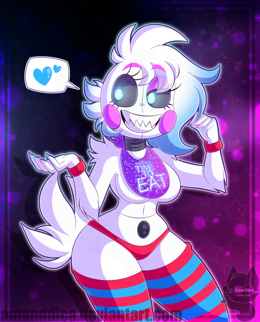 1girls amanddica arm_tuft bib big_breasts colored_nails eyebrows_visible_through_hair fan_character female_only five_nights_at_freddy's funtime_chica_(fnaf) fur half-closed_eye handband heart hourglass_figure no_nipples no_nose pointy_teeth robot smile teeth text_bubble thick_thighs thighhighs thin_waist white_fur wide_hips