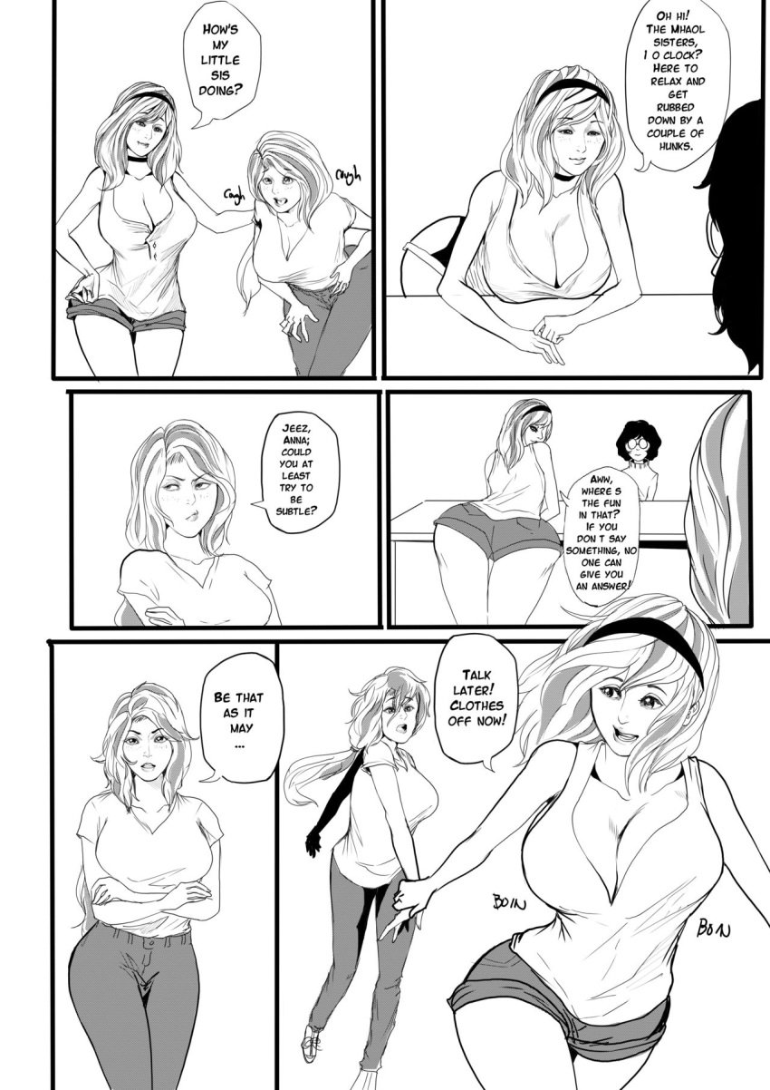 2girls annabelle_(jaw) breast_expansion breasts comic dialogue female female_only huge_breasts isabelle_(jaw) just-add-water99 monochrome original original_character yuri