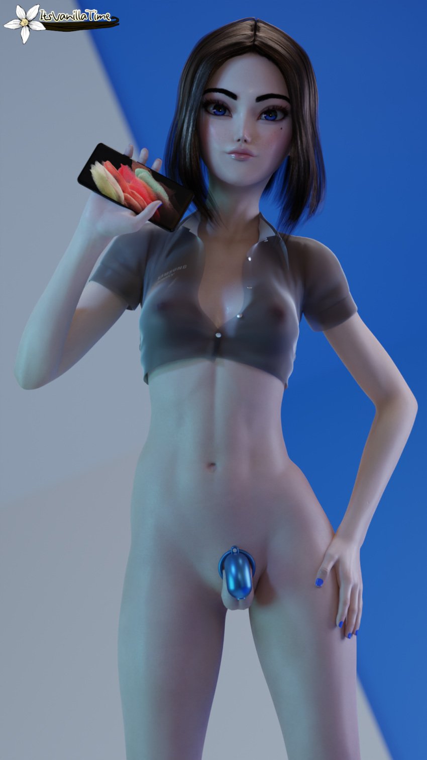 1futa 3d areolae balls bottomless breasts chastity chastity_cage erect_nipples flaccid futa_only futanari holding_phone itsvanillatime nipples penis samsung samsung_galaxy samsung_sam see-through_clothing small_balls small_breasts small_penis smug