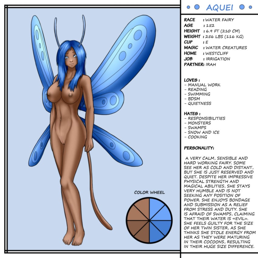 antennae aquei_(fvt) big_breasts blue_eyes blue_hair bobbydando character_profile character_sheet cheek_markings color_palette dark-skinned_female dark_skin eldrik_aethervial fairies_vs_tentacles fairy no_pupils tail text wings