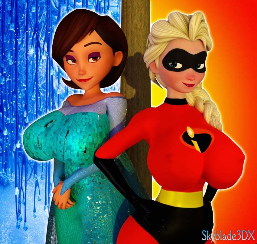 2girls 3d artist_name ass big_breasts blender blonde_hair blue_eyes breasts brown_hair busty chair clothing clothing_swap cosplay costume costume_switch crossover crossover_cosplay curvaceous curves disney elastigirl_(cosplay) elsa_(cosplay) elsa_(frozen) fat_ass female female_focus female_only frozen_(film) glasses hazel_eyes helen_parr hips hourglass_figure huge_ass huge_breasts human human_only large_ass latex legs light-skinned_female light_skin lips lipstick long_hair looking_at_viewer mask mature mature_female milf mother nipple_bulge pixar platinum_blonde_hair pokies ponytail skirt skyblade3dx smooth_skin superheroine the_incredibles thick_ass thick_legs thick_thighs thighs top_heavy voluptuous watermark white_hair wide_hips