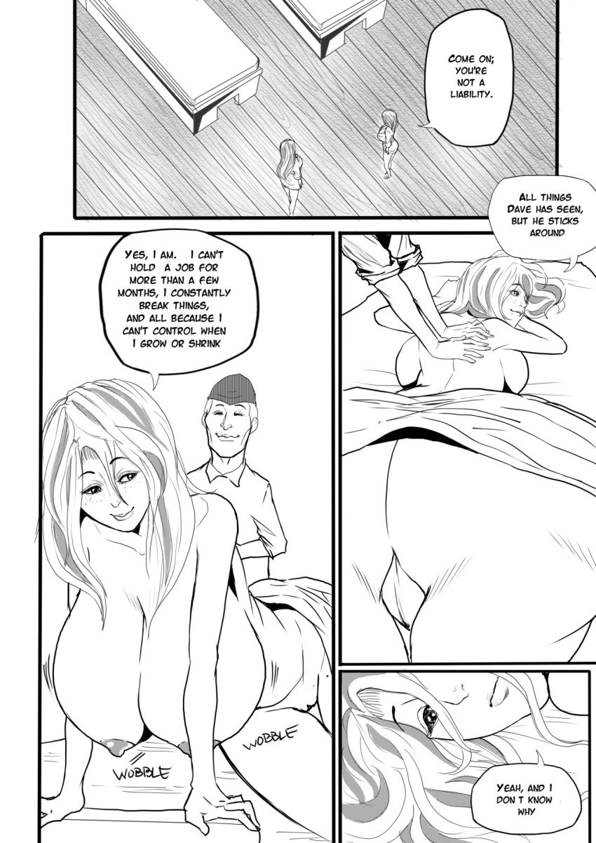 2girls annabelle_(jaw) breast_expansion breasts comic dialogue female female_only huge_breasts isabelle_(jaw) just-add-water99 monochrome original original_character