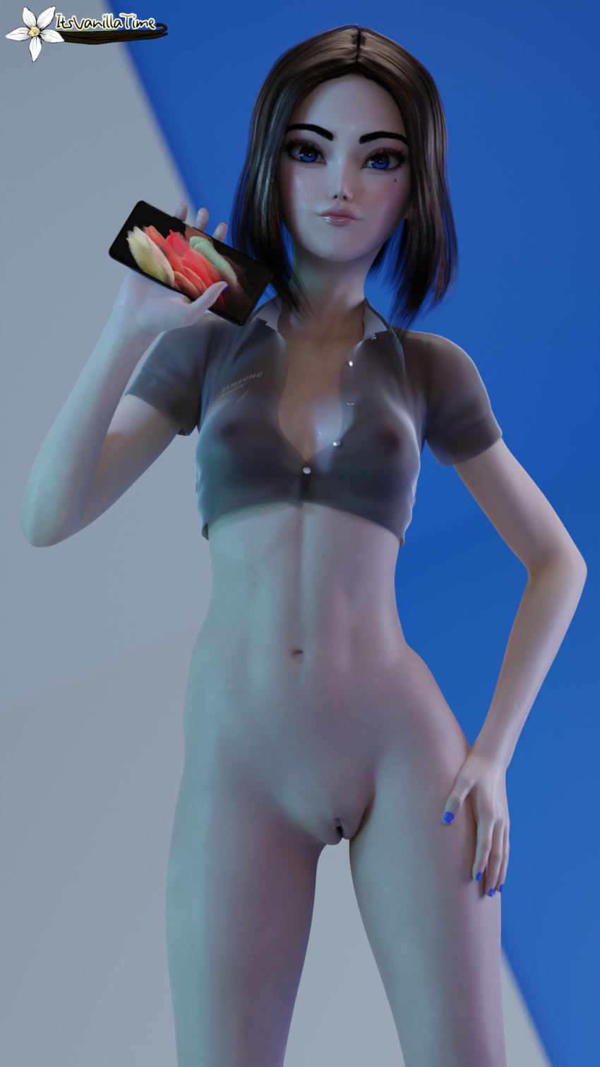 3d holding_phone itsvanillatime nipples no_bra no_panties samsung samsung_galaxy samsung_sam see-through_clothing small_breasts smug vagina