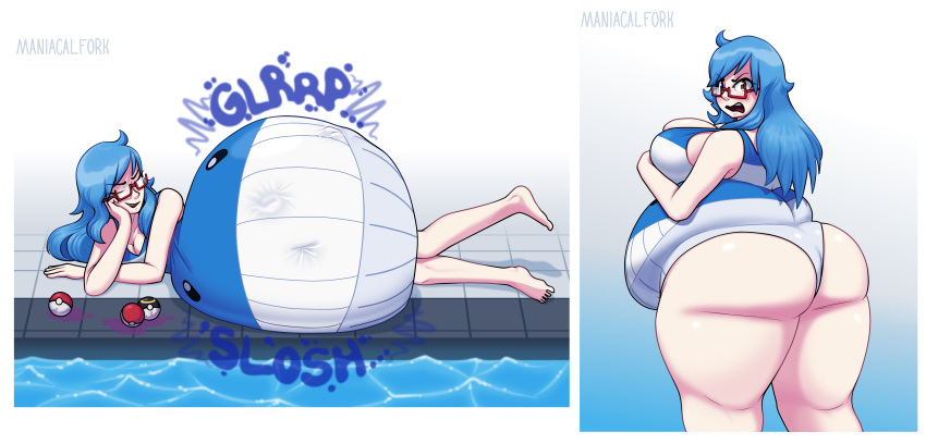 1girls angry ass belly_bulge big_ass big_belly big_breasts big_butt blue_hair blush brown_eyes closed_eyes clothing eyebrows_visible_through_hair eyelashes eyes_closed female female_focus game_freak glasses huge_belly long_hair maniacalfork nintendo onomatopoeia original_character pokeball pokemon pool poolside simple_background smile smug swimsuit thick_thighs tight_clothing tight_fit video_games vore wailord water watermark weight_gain wide_hips