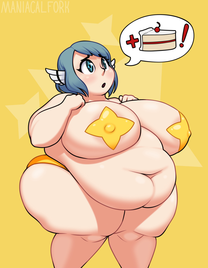 1girls 2021 areolae belly belly_button big_ass big_belly big_breasts big_butt blue_eyes blue_hair blush chubby_cheeks covered_nipples eyebrows_visible_through_hair female female_focus female_only food hungry large_areolae looking_up maniacalfork nipple nipples no_bra original original_character overweight panties question question_mark short_hair shortstack simple_background speech_bubble star-shaped_pupils thick_thighs watermark wide_hips yellow_background