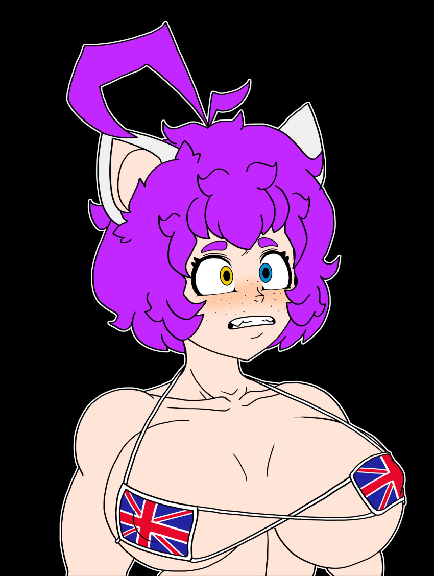 blindstash cat_ears evelyn_yashiro female flag_bikini freckles heterochromia purple_hair surprised_expression tagme union_jack union_jack_bikini