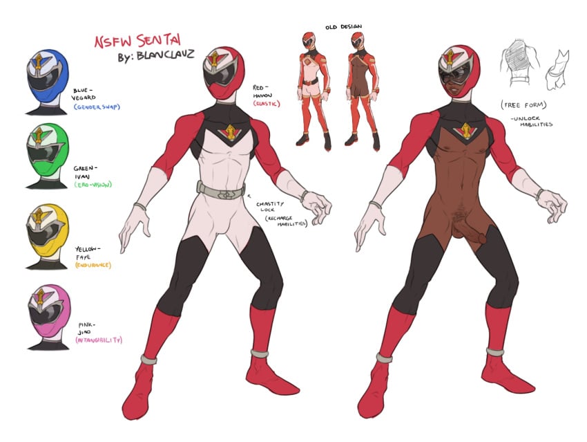 1boy black_penis blanclauz bodysuit character_sheet dark-skinned_male dark_skin erection full_body helmet male_only penis power_rangers sentai sketch skin_tight spandex standing tokusatsu toned_stomach white_background