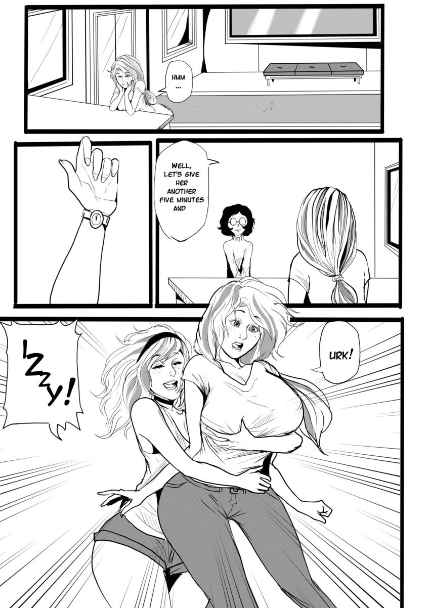 2girls annabelle_(jaw) breast_expansion breasts comic dialogue female female_only huge_breasts isabelle_(jaw) just-add-water99 monochrome original original_character