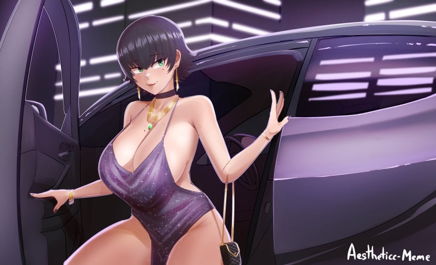 1girls absurdres aestheticc-meme alex/tomboy-chan azur_lane beauty_mark big_breasts breasts car choker cleavage collar cosplay dress earrings female female_only green_eyes highres huge_breasts no_bra no_panties original short_hair solo st._louis_(azur_lane)_(cosplay) st._louis_(luxurious_wheels)_(azur_lane)_(cosplay) tomboy