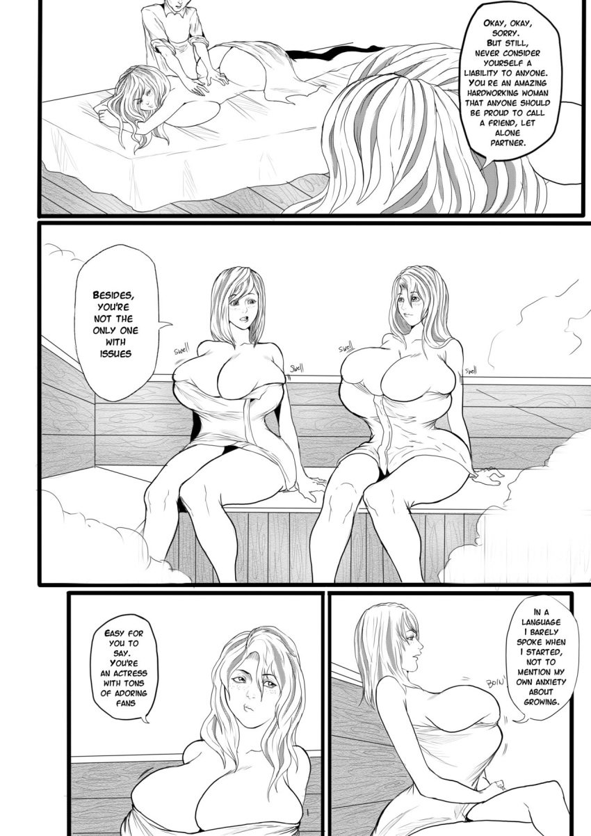 2girls annabelle_(jaw) breast_expansion breasts comic dialogue female female_only huge_breasts isabelle_(jaw) just-add-water99 monochrome original original_character