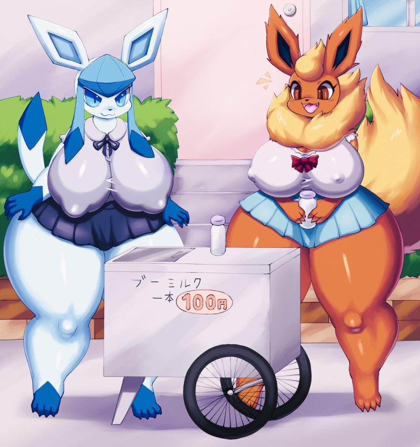 2girls :3 bangs barefoot big_ass big_nipples blue_eyes blue_skin bow breasts cart claws cute eeveelution fangs fat_ass fat_thighs flareon fluffy fluffy_collar fluffy_tail fur glaceon happy hard_nipples hedge huge_breasts huge_thighs large_breasts long_tail milk miniskirt mrsk nipple_bulge nipples nipples_visible_through_clothing orange_eyes orange_fur paws pokémon_(species) pokemon pokemon_dppt pokemon_rgby school school_uniform schoolgirl shiny_pokemon simple_background skirt small_clothes standing tail tail_up thick_thighs tight_clothing wholesome yellow_fur