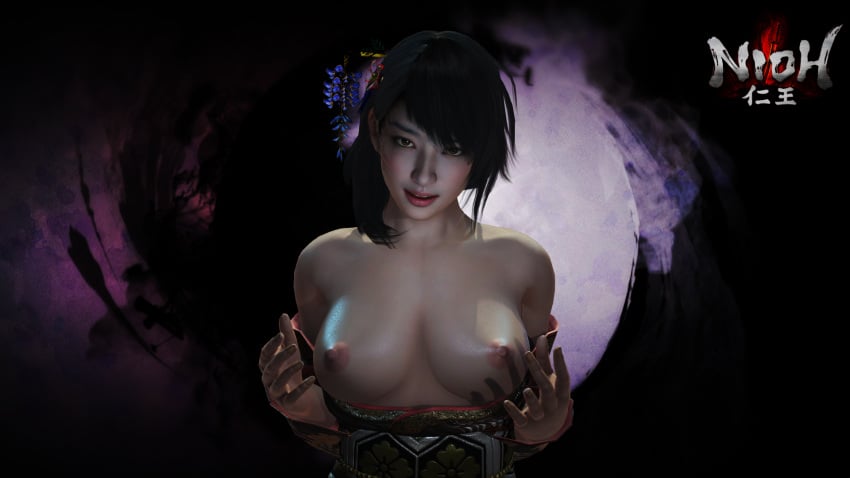 1girls bare_breasts big_breasts big_lips black_hair breasts breasts_out cupping_breasts flower_in_hair hair_ornament japanese japanese_clothes lips lipstick nioh okatsu red_lipstick slanted_eyes tagme topless