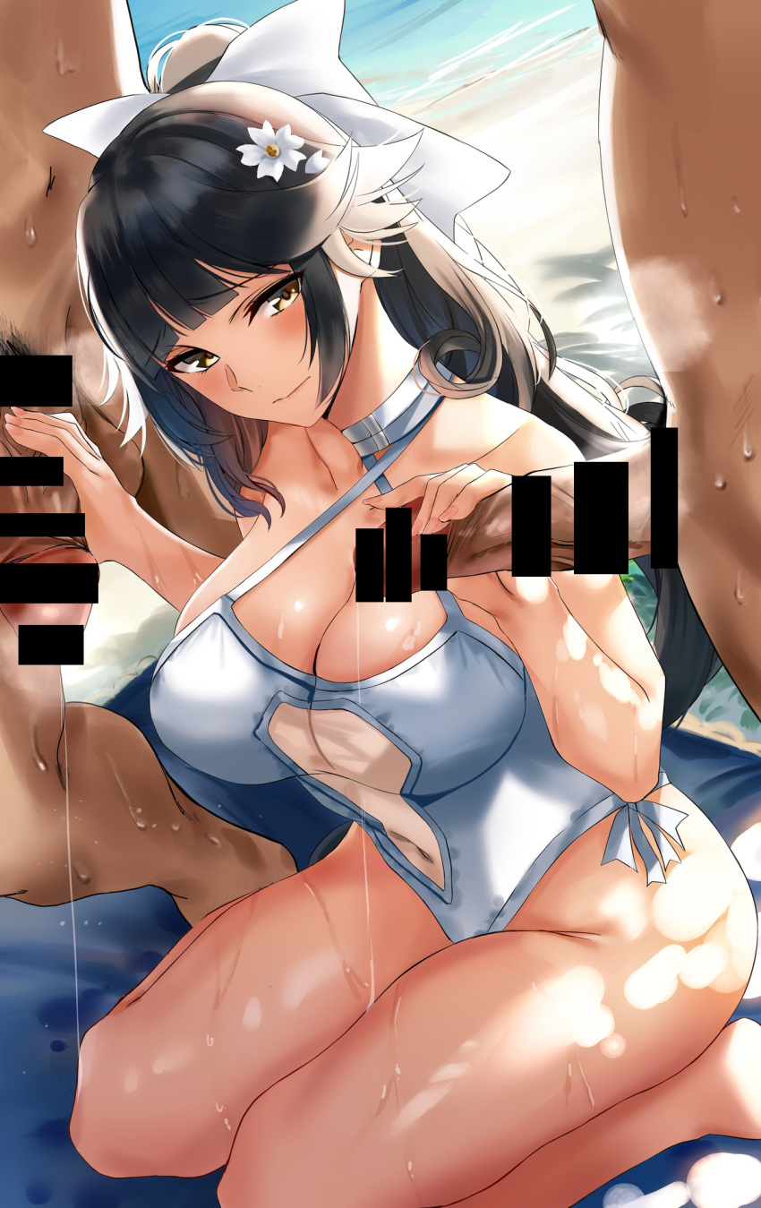 2boys azur_lane bangs bar_censor bare_shoulders blush breasts censored cleavage clothed_female_nude_male collarbone double_handjob erection female group_sex handjob highres large_breasts long_hair looking_at_viewer mmf_threesome multiple_boys multiple_penises nicky_w nude official_alternate_costume one-piece_swimsuit penis precum precum_drip smile solo_focus straight swimsuit takao_(azur_lane) takao_(beach_rhapsody)_(azur_lane) thighs threesome white_swimsuit