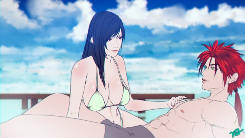 1boy 1boy1girl 1girls big_breasts bikini blue_sky cleavage female final_fantasy final_fantasy_vii final_fantasy_vii_remake large_breasts male male/female muscular red_hair reno seaside straight tifa_lockhart voaleine water white_bikini