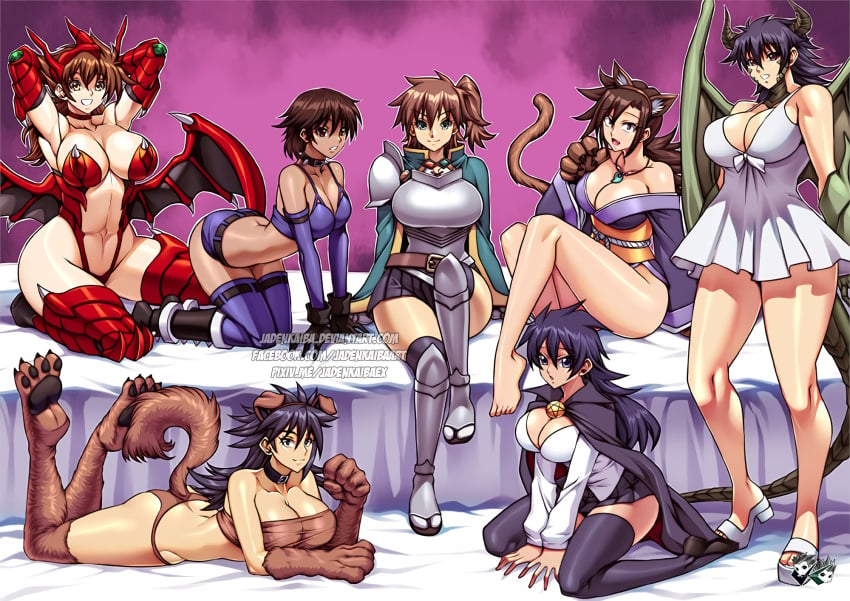 7girls aono_tsukune armor arms_behind_back arms_behind_head arms_up bed big_breasts breasts canine canine_humanoid cape cat_ears cat_tail catgirl cleavage clothing collar crossover dark-skinned_female dark_skin dog_girl dog_tail dragon dragon_humanoid dragon_tail dragon_wings dress female female_issei fuyuzora_kogarashi high_school_dxd horns huge_breasts humanoid hyoudou_issei jadenkaiba junpei_kousaka kimono kono_subarashii_sekai_ni_shukufuku_wo! kurusu_kimihito large_breasts looking_at_viewer monster monster_girl monster_musume_no_iru_nichijou multiple_girls nyan_koi open_mouth paws rosario+vampire rule_63 saito_hiraga satou_kazuma seductive shorts sitting skirt spiked_collar spikes stockings tail teeth tongue undead wings yuragisou_no_yuuna-san zero_no_tsukaima zombie