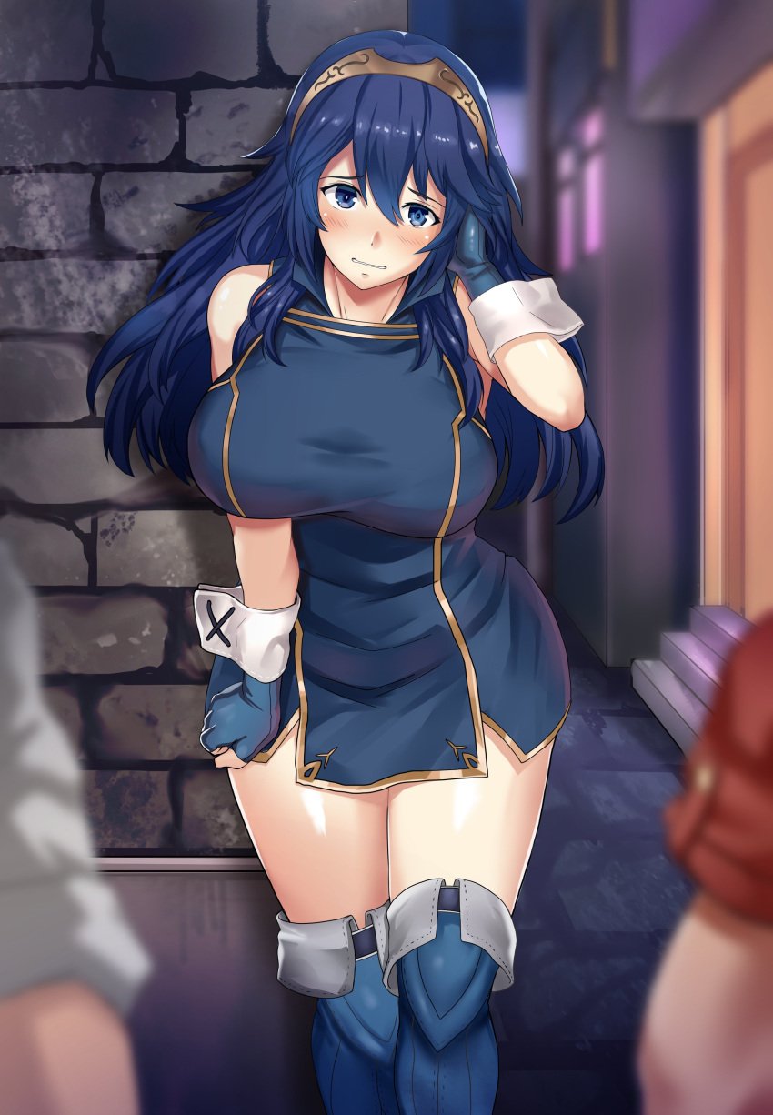 1girls alternate_breast_size bare_arms bare_thighs blue_eyes blue_hair clenched_teeth embarrassed fingerless_gloves fire_emblem fire_emblem_awakening gloves large_breasts long_hair looking_at_viewer lucina_(fire_emblem) maki_ikazuya makiikazuya night nintendo prostitution solo_female solo_focus symbol-shaped_pupils tiara