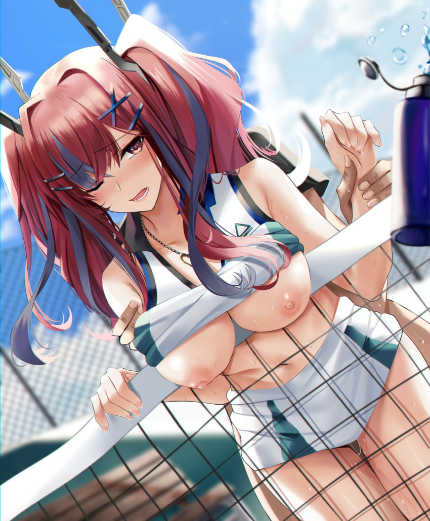 1boy azur_lane bangs bare_shoulders blue_sky blush breasts breasts_out bremerton_(azur_lane) bremerton_(scorching-hot_training)_(azur_lane) clothes_lift crop_top female hair_between_eyes hair_ornament hairclip highres large_breasts long_hair multicolored_hair navel nicky_w nipples official_alternate_costume open_mouth penis pink_eyes pink_hair sex shirt shirt_lift sky sleeveless sleeveless_shirt sportswear standing standing_sex straight streaked_hair tennis_net tennis_uniform twintails two-tone_shirt two-tone_skirt vaginal_penetration x_hair_ornament