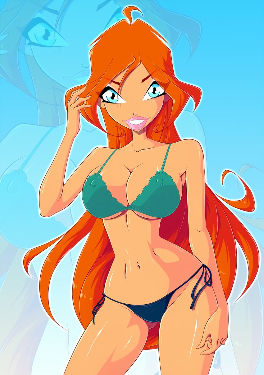 1girls bloom_(winx_club) blue_eyes bra breasts eyelashes eyeshadow human lipstick long_hair looking_at_viewer makeup nipples panties red_hair shiny_skin swimsuit winx_club zfive