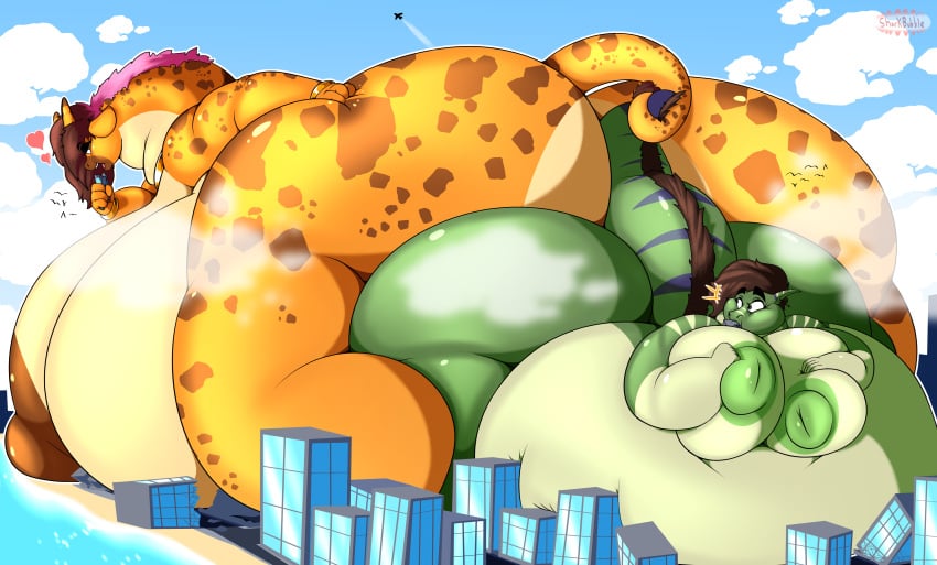 2girls absurd_res anthro ass_to_ass bbw belly big_belly big_breasts big_butt big_nipples breasts butt city dinosaur dromaeosaurid female giantess giraffe giraffid green_body green_skin heart hi_res huge_breasts huge_butt hyper hyper_belly hyper_breasts hyper_butt kubwa_kalua macro mammal nipples raptor reptile sharkbubble size_difference stuffing thatbritishdeer theropod