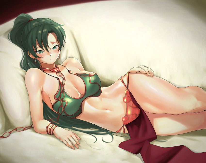 1girls 2021 anagumasan armlet bangs bare_legs bare_midriff blush chain_leash cleavage cosplay earrings femsub fire_emblem fire_emblem:_the_blazing_blade green_eyes green_hair hair_between_eyes hand_on_hip high_ponytail highres hourglass_figure long_green_hair long_hair lucasfilm lying_on_bed lying_on_side lyn_(fire_emblem) lyndis_(fire_emblem) medium_breasts navel nintendo pelvic_curtain pillow ponytail princess_leia_organa return_of_the_jedi simple_background slave_bikini slave_collar slave_leia_(cosplay) smile solo star_wars submissive_female very_long_hair voluptuous wide_hips