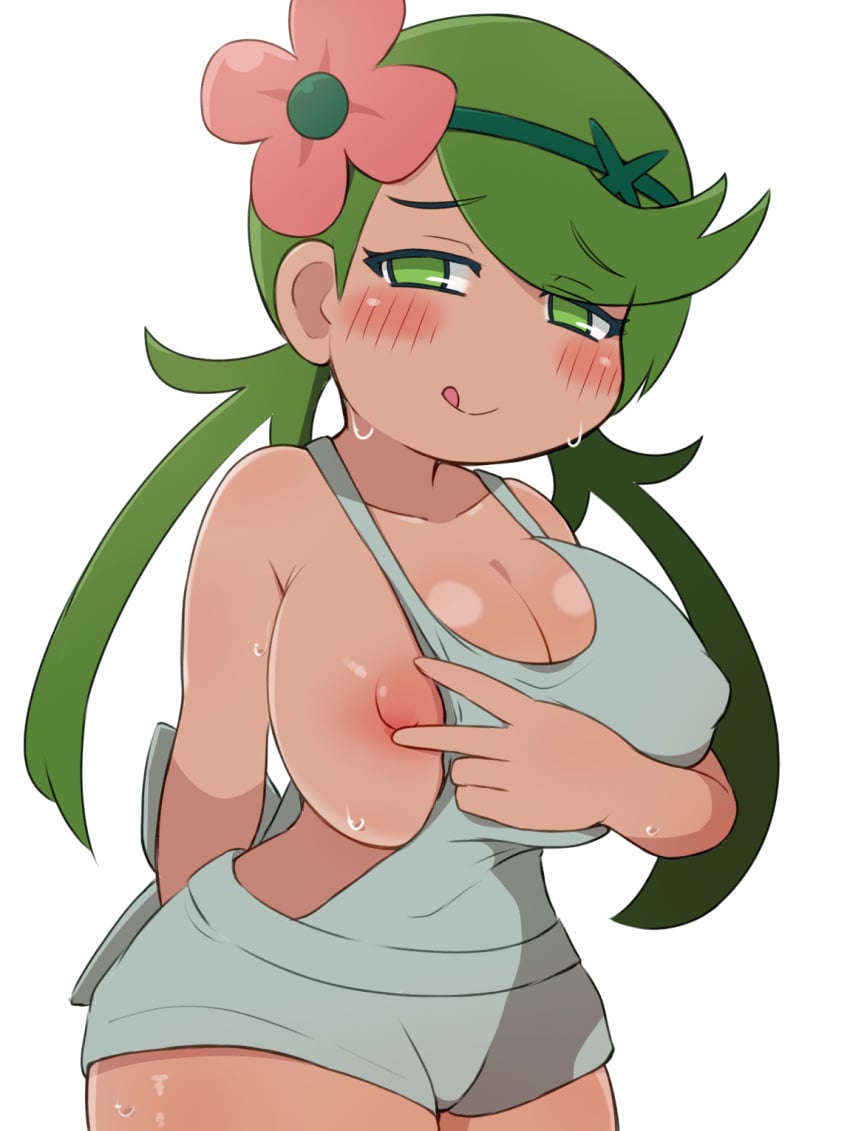 1girls alternate_breast_size big_breasts blush breasts female green_eyes green_hair half-closed_eyes huge_breasts makino_nono mallow_(pokemon) naked_overalls nintendo nipples overalls overalls_only pokemon pokemon_sm solo standing sweat trial_captain twintails