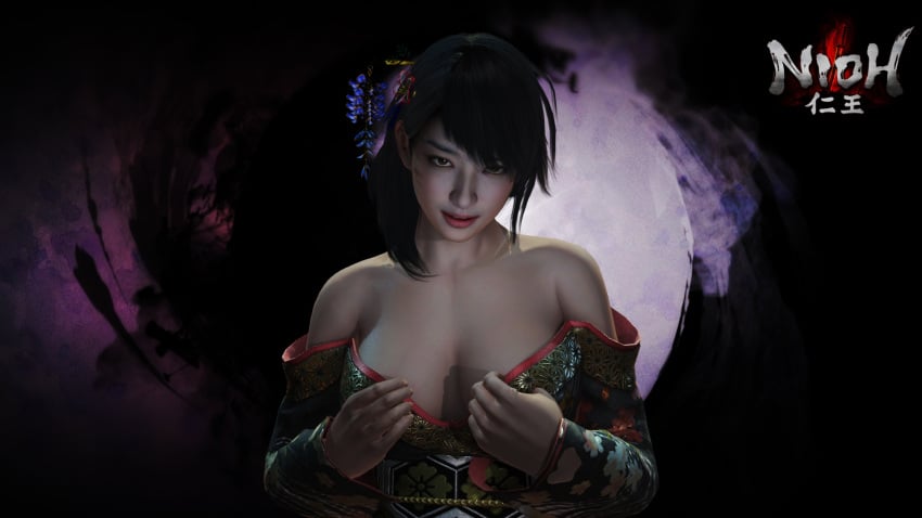 1girls big_breasts black_hair breasts female flowers hair_between_eyes japanese japanese_clothes lips lipstick nioh okatsu red_lipstick removing_clothing slanted_eyes solo solo_female tagme taking_clothes_off