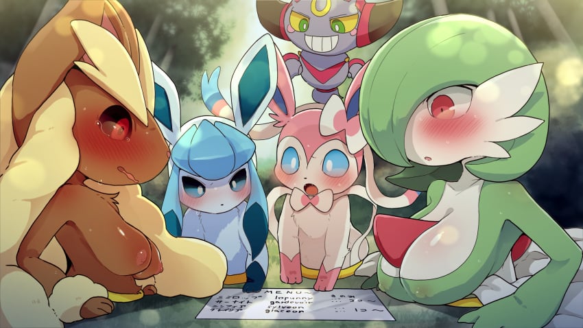 alternate_breast_size animal_ears arm_support black_sclera blue_eyes blue_hair blue_sclera blush breasts brown_hair bunny_ears colored_sclera covered_nipples dagasi eeveelution eyebrows fangs feral flying forest furry gardevoir glaceon green_eyes green_hair grin highres hoop hoopa hoopa_(confined) humanoid jewelry large_breasts looking_down lopunny medium_breasts menu mythical_pokemon nature nintendo nipples no_humans on_ground open_mouth outdoors parted_lips pink_hair pokémon_(species) pokemon pokemon_(species) portal portal_(object) portal_ring puffy_nipples quality red_eyes ribbon ring smile sylveon tears wavy_mouth yellow_sclera