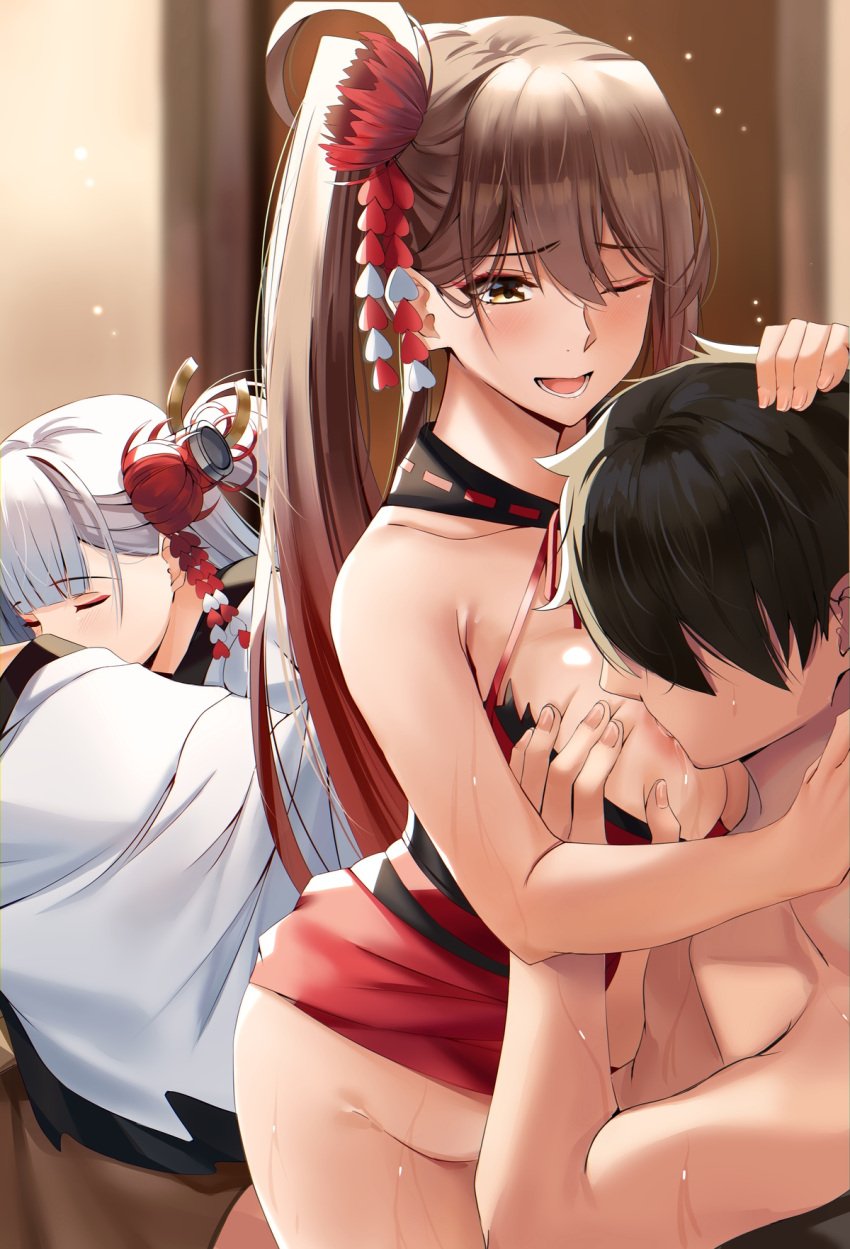 1boy 2girls azur_lane bangs bare_shoulders blush breast_grab breast_sucking breasts brown_hair closed_eyes grabbing high_ponytail highres large_breasts long_hair multiple_girls nicky_w nipples open_mouth shoukaku_(azur_lane) smile straight very_long_hair white_hair yellow_eyes zuikaku_(azur_lane)