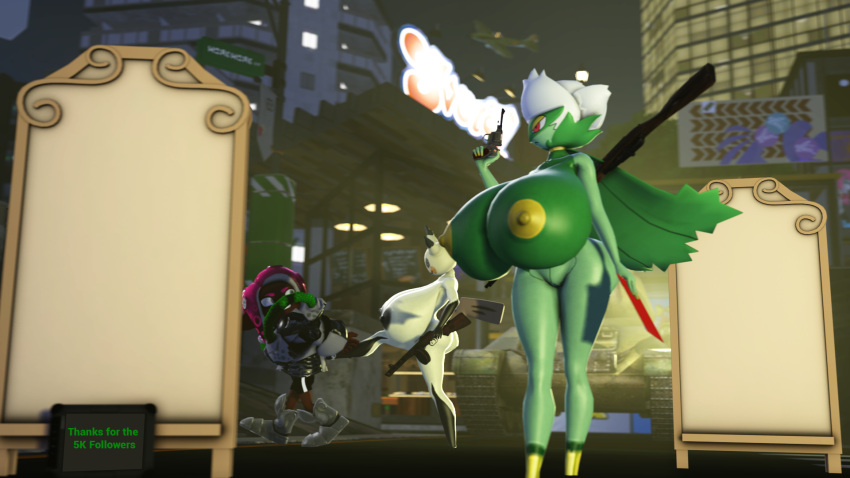 3d female female_focus female_only gun hyper hyper_breasts mimikyu octoling pokemon rgtdwtbr roserade source_filmmaker splatoon weapon what