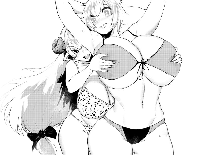 2girls armpits arms_behind_head bangs bikini blush breast_grab breasts cleavage commentary commission cowboy_shot curvy deep_skin english_commentary front-tie_bikini front-tie_top grabbing grabbing_from_behind greyscale hair_ribbon hanako_(debaucheryninja) highres horns huge_breasts linea_alba long_hair monochrome multiple_girls norman_maggot original pointy_ears ribbon sheep_girl sheep_horns short_hair simple_background smile surprised sweat swimsuit underboob vella_(debaucheryninja) very_long_hair white_background yuri