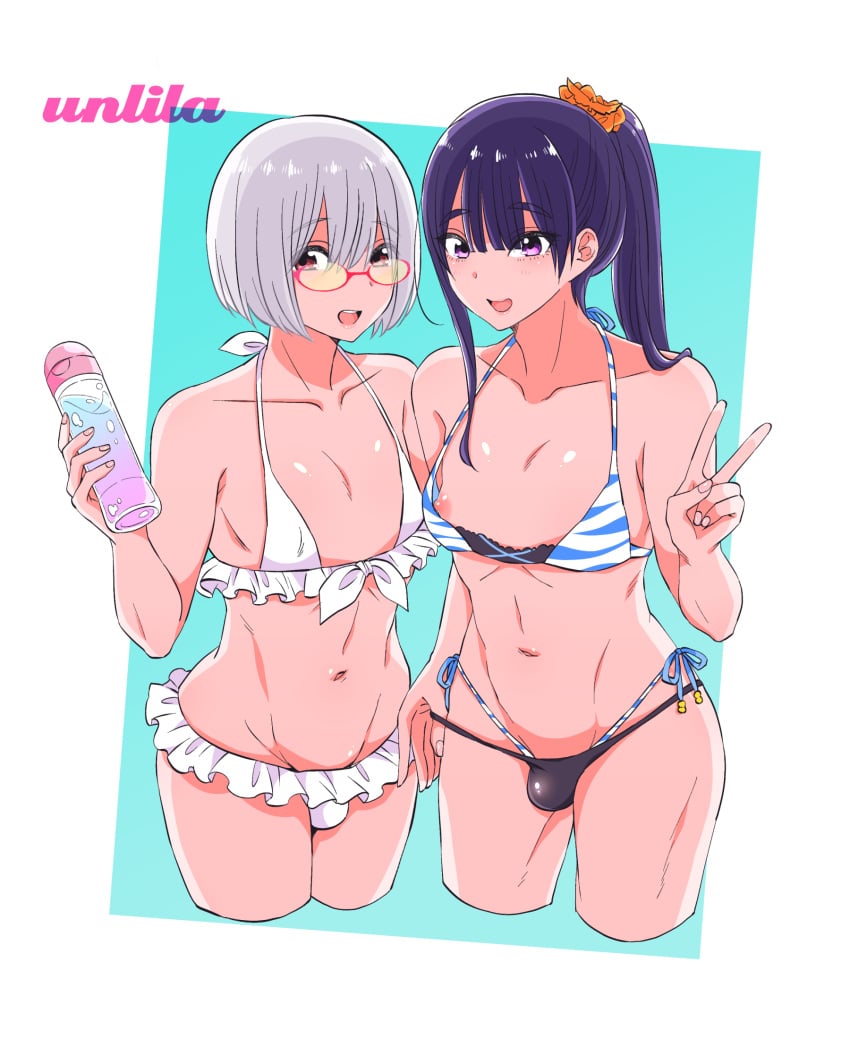 2boys androgynous belly belly_button bikini crossdressing crossplay feet_out_of_frame femboy genderswap_(ftm) girly looking_over_eyewear looking_over_glasses looking_over_sunglasses nagano_rira nipples rule_63 shinjou_akane_(cosplay) simple_background ssss.gridman sunglasses takarada_rikka_(cosplay) tinted_eyewear trap yellow-tinted_eyewear