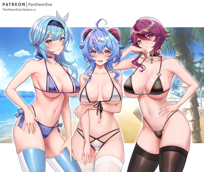 3girls beach bikini breasts busty cameltoe choker cleavage curvaceous curvy eula_(genshin_impact) female female_only ganyu_(genshin_impact) genshin_impact hand_on_hip hi_res horn large_breasts looking_at_viewer nun pantheon_eve rosaria_(genshin_impact) smile swimwear thighhighs underboob voluptuous