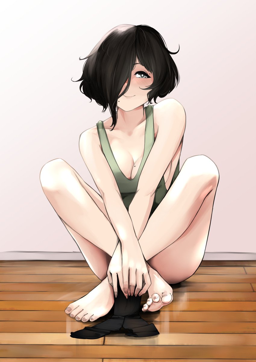 black_hair blue_eyes cute fringe hair_over_one_eye heterochromia kamura_(rain_prophet) large_breasts mole mole_on_breast pale-skinned_female petite rain_prophet seductive_look short_hair smile smiling thighs toes