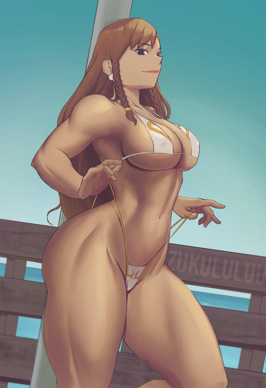 abs ass big_breasts bikini breasts brown_hair capcom chun-li huge_breasts large_breasts legs muscles muscular_female muscular_legs muscular_thighs navel sling_bikini street_fighter thick_thighs thighs zukululuu