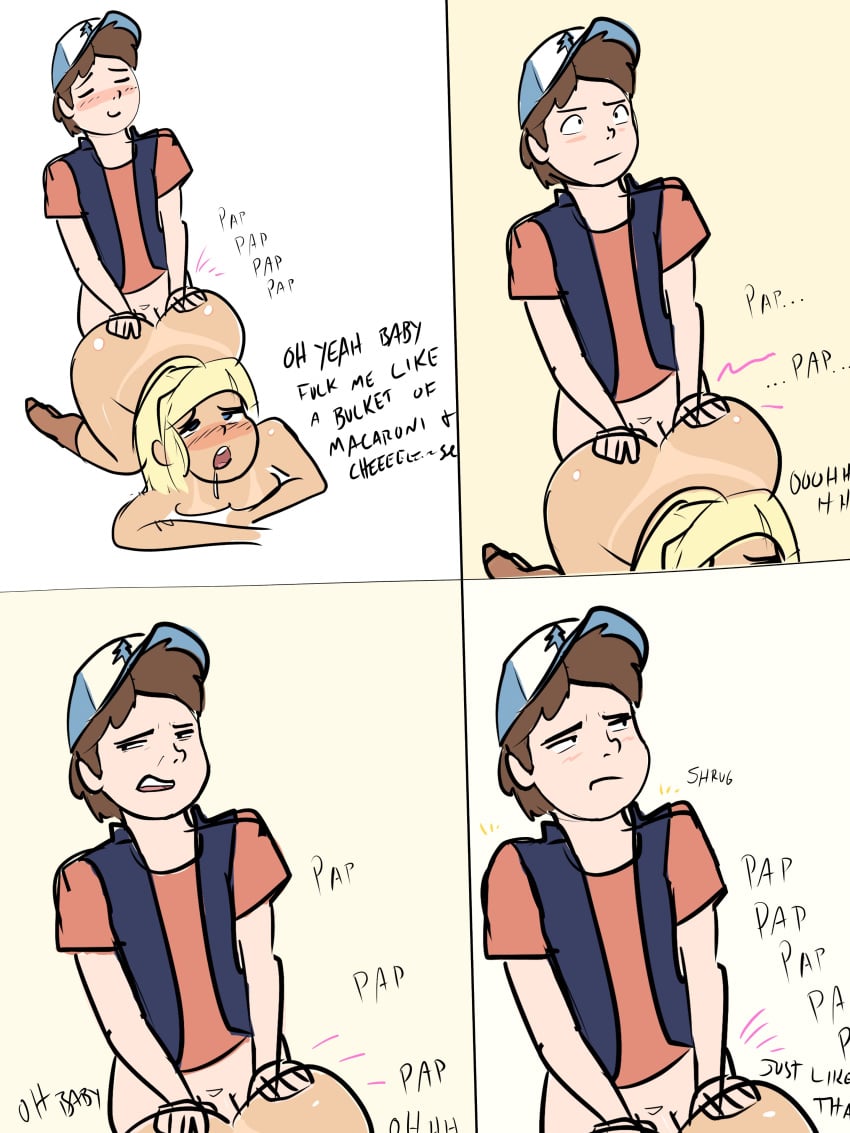 1boy 1girls aged_up ambiguous_penetration applespicex baseball_cap blonde_hair blue_eyes blush brown_hair comic dialogue dipper_pines dirty_talk disney disney_channel disney_xd doggy_style drooling eyes_rolling_back female from_behind funny gravity_falls hands_on_ass humor looking_pleasured male nude open_mouth pacifica_northwest pine_tree_(symbol) pleasure_face pleasured ponytail saliva saliva_trail sex shrug smile smooth_skin straight tanline text