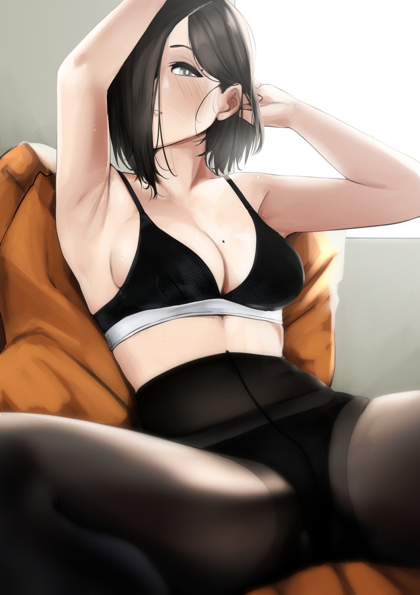 1girls absurdres armpits arms_up big_breasts black_eyes black_hair black_legwear black_panties blue_eyes blush bob_cut breasts bright_pupils cleavage collarbone female fringe gradient gradient_background grey_background hair_over_one_eye heterochromia high-waist_pantyhose highres huge_filesize kamura_(rain_prophet) looking_at_viewer medium_breasts medium_hair mole mole_above_eye mole_on_breast one_eye_covered original pale-skinned_female panties panties_under_pantyhose pantyhose parted_lips petite pillow rain_prophet seductive_look shaved_armpit shaved_armpits sitting smile solo sports_bra spread_legs underwear