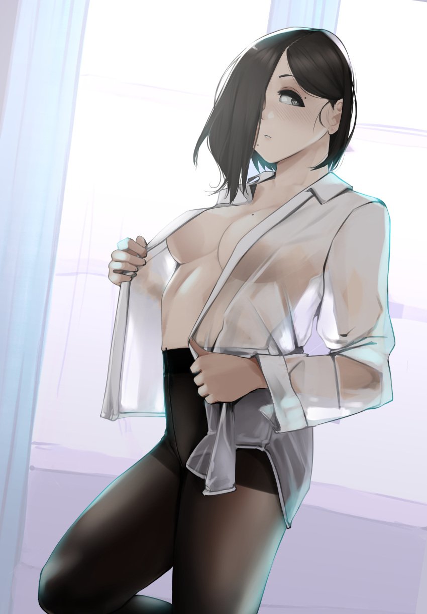 black_hair blue_eyes breasts fringe hair_over_one_eye heterochromia kamura_(rain_prophet) looking_away medium_breasts open_clothes open_shirt pale-skinned_female petite rain_prophet seductive_look see-through short_hair tagme wet