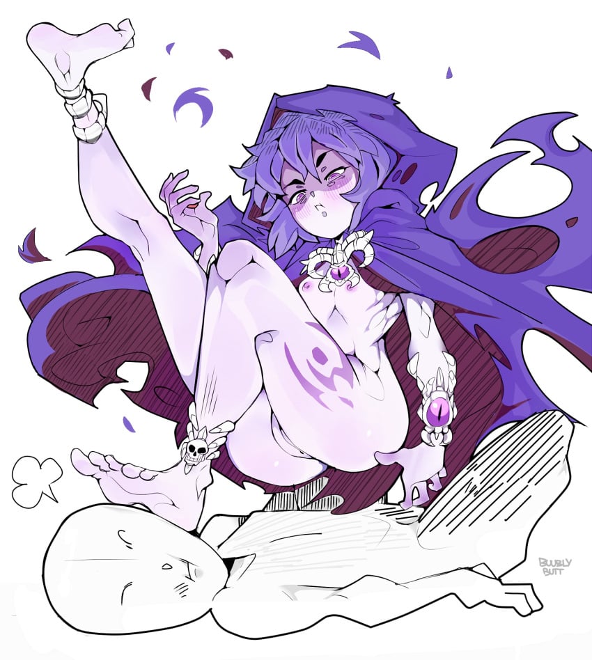 1boy 1girls anon ass blush bottomless buublybutt cape faceless_male feet female flat_chest lich_(monster_girl_encyclopedia) male/female monster_girl monster_girl_encyclopedia pout purple_eyes purple_hair purple_skin pussy skull small_breasts soles straight