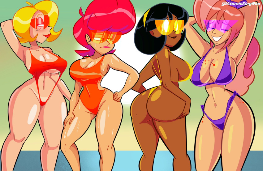 4girls alison_rose artist_name ass atomickingboo back back_view big_ass big_breasts big_butt bikini blonde_hair breasts bubble_ass bubble_butt dark-skinned_female dark_skin fat_ass fat_butt female female_focus female_only freckles hips human large_ass large_breasts large_butt looking_at_viewer looking_back looking_over_eyewear looking_over_glasses looking_over_sunglasses macy_atomix magnolia_rogers mindi_tygerson multiple_girls one-piece_swimsuit orange-tinted_eyewear original original_character purple-tinted_eyewear red-tinted_eyewear red_hair sunglasses swimsuit swimwear the_space_angels thick thick_ass thick_legs thick_thighs tinted_eyewear voluptuous wide_hips yellow-tinted_eyewear