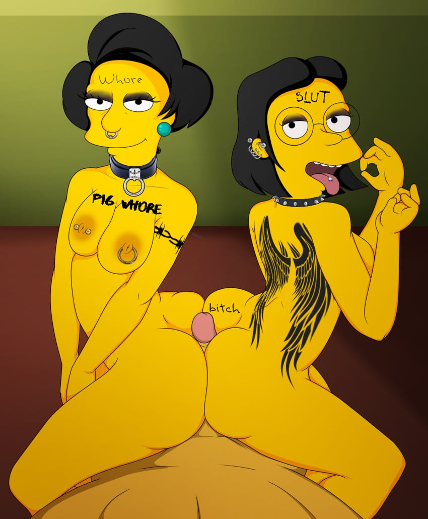 body_writing collar edited edna_krabappel elizabeth_hoover g-reaper goth makeup multiple_girls partial_male piercing punk slave tattoo the_simpsons threesome