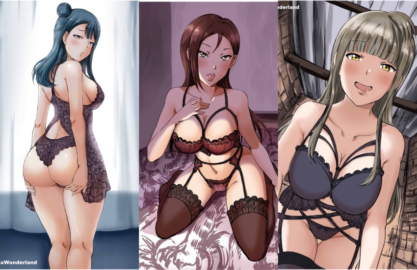 2021 3girls 3koma :p angel_gabriel. ass ass_focus ass_support babydoll bed blush box_wonderland bra camisole cleavage dat_ass drooling garter_belt garter_straps lace-trimmed_bra lace-trimmed_legwear lace-trimmed_stockings legwear lingerie love_live! love_live!_sunshine!! mature mature_female milf minami_kotori's_mother mother mouth_open multiple_females multiple_girls multiple_images multiple_milfs multiple_scenes multiple_views open_mouth sakurauchi_riko's_mother seiza sideboob stockings thong tongue tongue_out tsushima_yoshiko's_mother yellow_eyes