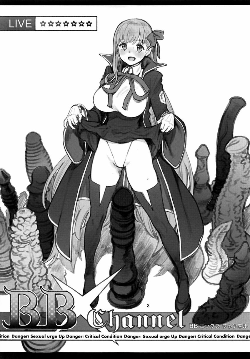 :d bb_(fate) blush breasts clothes_lift coat collared_shirt dildo dragon_dildo english_text fate/extra fate/extra_ccc fate_(series) female fixed greyscale high-waist_skirt highres horse_dildo huge_dildo imminent_masturbation inoue_kiyoshirou large_breasts lifted_by_self livestream long_sleeves looking_at_viewer monochrome neck_ribbon open_clothes open_coat open_mouth pigeon-toed ribbon scan sex_toy shirt shoes skirt skirt_lift smile solo spiked_dildo standing sweat thighhighs wing_collar