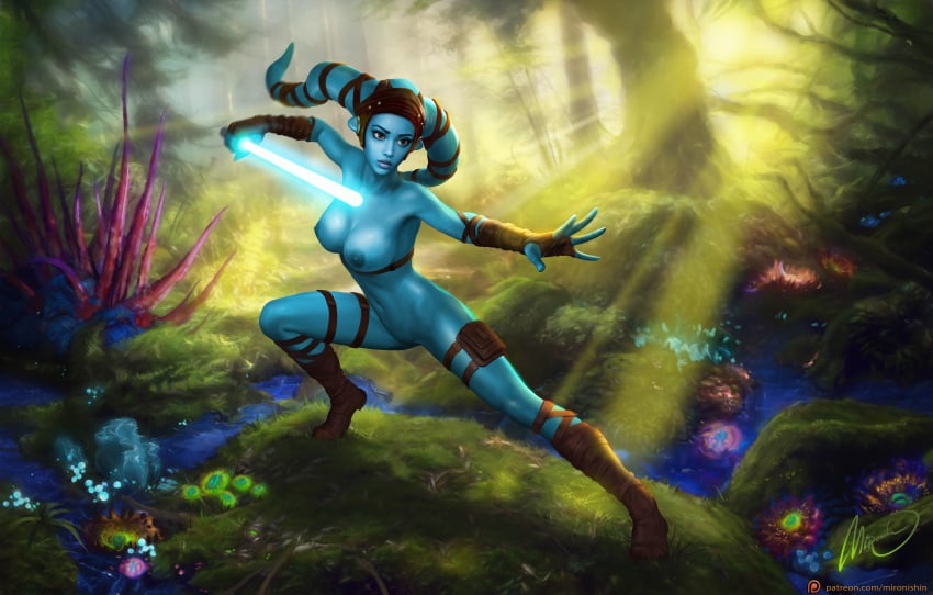 1girls aayla_secura absurd_res alien_girl artist_name blue_eyes blue_skin breasts detailed_background female female_only headgear hi_res jedi large_breasts lightsaber mironishin pose signature solo star_wars twi'lek voluptuous