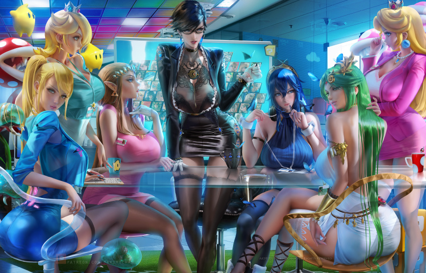 7girls ass bayonetta bayonetta_(character) bayonetta_2 big_breasts bimbo black_hair blonde_hair blue_eyes blue_hair breasts brown_hair cleavage clothed clothing crown dat_ass earrings female female_only fire_emblem fire_emblem_awakening garter_straps gladiator_sandals glasses gloves green_eyes green_hair group headphones huge_breasts human jewelry kid_icarus large_breasts legwear long_hair looking_at_viewer lucina_(fire_emblem) luma mario_(series) metroid metroid_(creature) multiple_girls necklace nintendo palutena piranha_plant platinum_games ponytail princess_peach princess_rosalina princess_zelda sakimichan samus_aran sitting standing super_mario_bros. super_mario_galaxy super_smash_bros. the_legend_of_zelda the_legend_of_zelda:_twilight_princess thighhighs twilight_princess voluptuous white_gloves white_skin zelda_(twilight_princess)