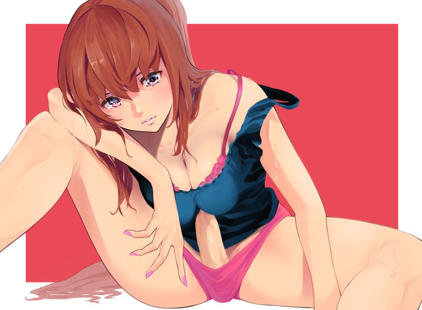 1futa autopaizuri bare_shoulders black_tank_top bra breasts brown_hair cleavage closed_mouth clothed clothing female futa_only futanari head_rest human intersex intersex_only large_breasts leaning_forward light-skinned_futanari light_skin lips long_hair looking_at_viewer masturbation no_pants original paizuri pale_skin panties partially_clothed penis pink_bra pink_eyes pink_lips pink_panties ponytail purple_nails shiratama_(monster1553) simple_background sitting solo solo_futa spread_legs strap_slip sweat tama_(monster1553) tank_top underwear very_long_hair