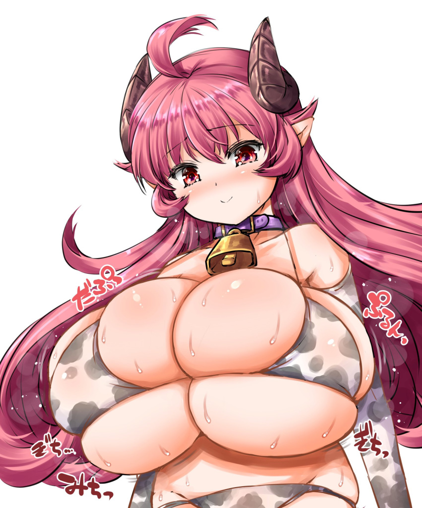 1girls age_difference ahoge big_breasts bikini collar cow_print cow_print_armwear cow_print_bikini cowbell demon demon_horns elbow_gloves eyebrows_visible_through_hair fujiyama_takashi gloves horns long_hair machikado_mazoku panties pink_hair pointy_ears red_eyes sidelocks smile solo sweat yoshida_yuuko_(machikado_mazoku)