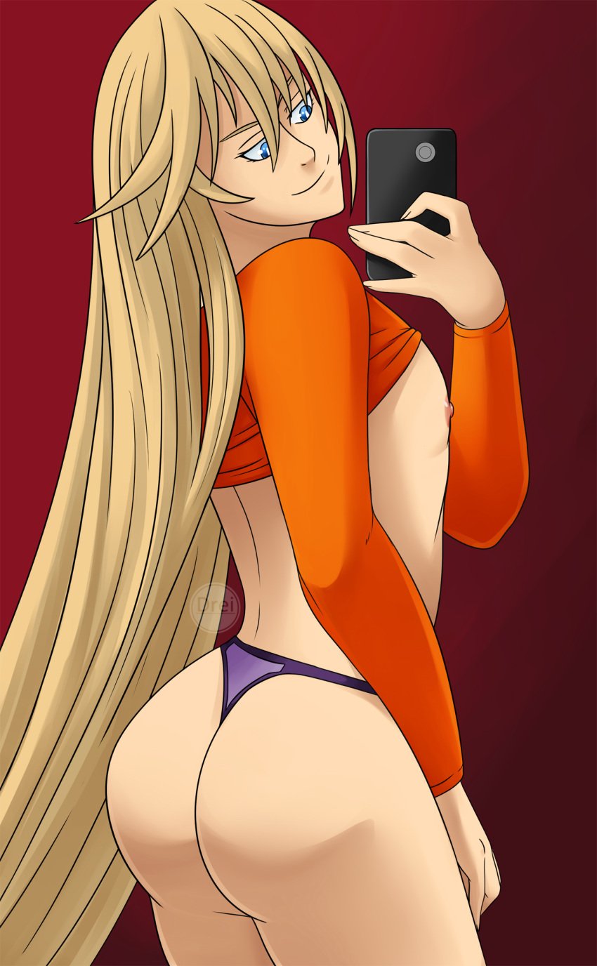 1boy 2020 ass ass_focus big_ass blonde_hair blue_eyes dat_ass drei eyebrows femboy gradient_background granblue_fantasy long_hair long_sleeves lucio_(granblue_fantasy) male male_focus male_only mirror_selfie orange_top orange_topwear purple_thong red_background selfie thong top top_lift topwear topwear_lift very_long_hair watermark